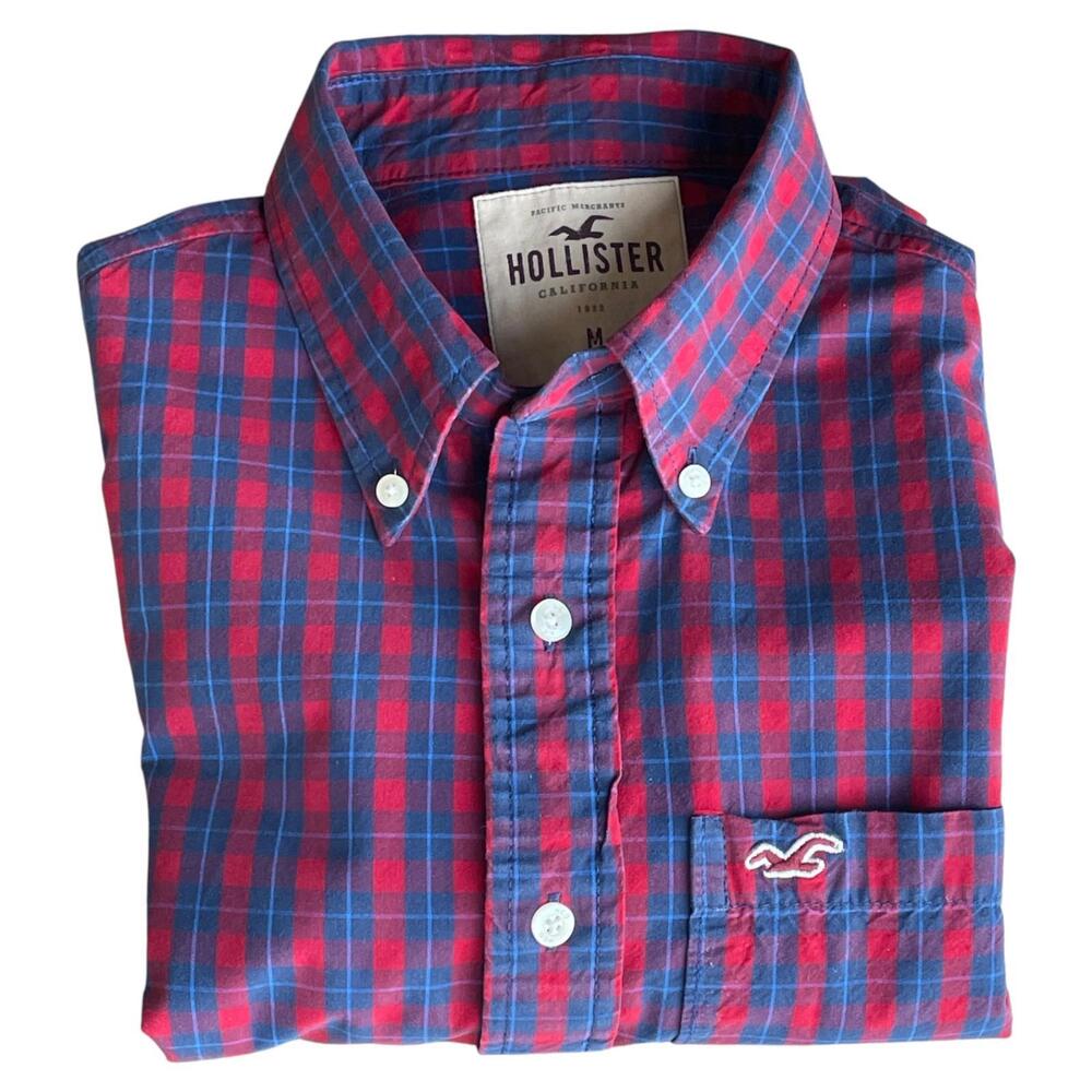 Hollister Men’s M Button Down Shirt Red Blue Check Long Sleeve Casual Excellent